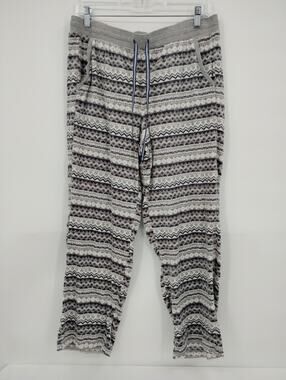 Nautica Gray Stripe Fleece Pants Cozy Lounge Straight Leg Pockets Women's Medium